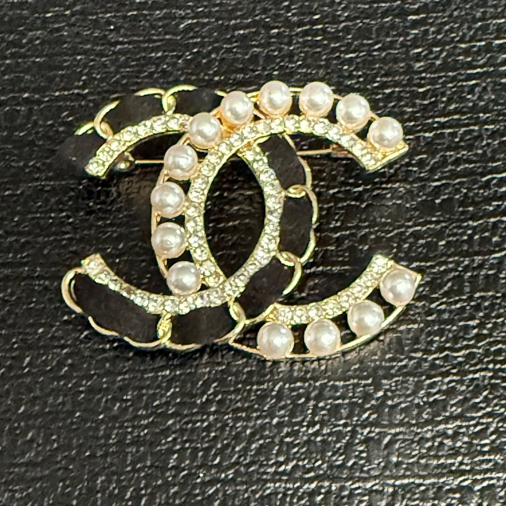 Black leather and Gold tone Brooch faux pearls , crystals New